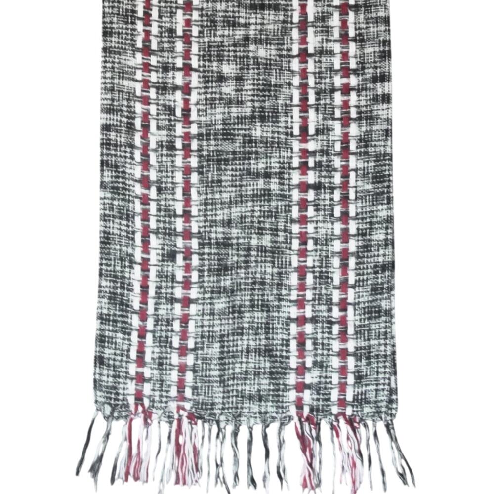 Black, White & Red Loose Knit Scarf Shawl Reversible Wrap w/ Fringe Cozycore EUC